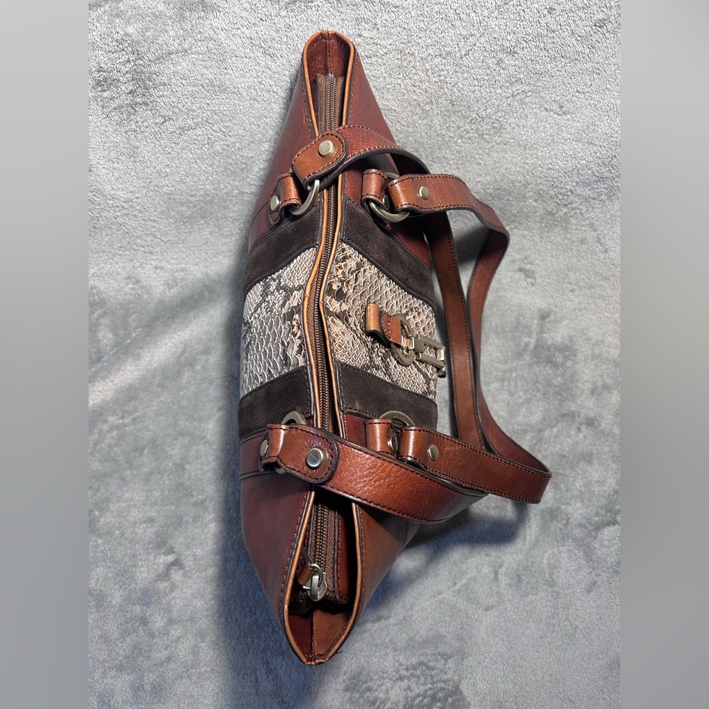 Etienne Aigner Cognac, Suede and Snakeskin Leather Tote w/ Silver Hardware - Picture 8 of 13